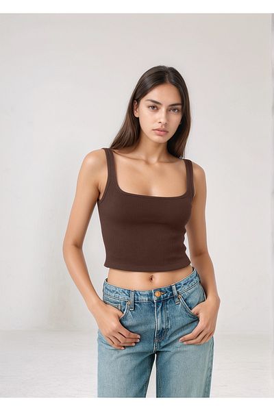 Bled Strapped Corded Basic Crop Tank Top - Double Layer Lined (100% Cotton) Bitter Brown
