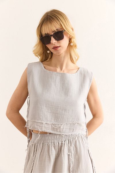 Olalook Women's Gray Double Layer Dirty Stitching Lace Detailed Muslin Blouse Blz-19002924