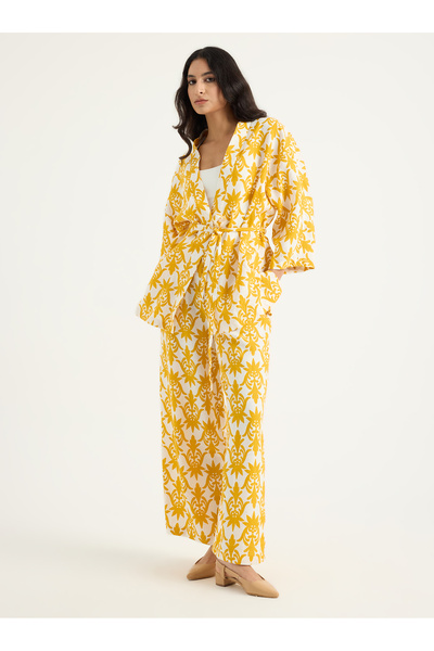 Store Wf 100% Linen Yellow Printed Kimono Set
