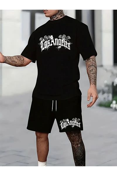 LAND MODA Men's Two-Piece Trend Casual Outfit, Round Neck Short Sleeve T-Shirt and Lace-Up Shorts,