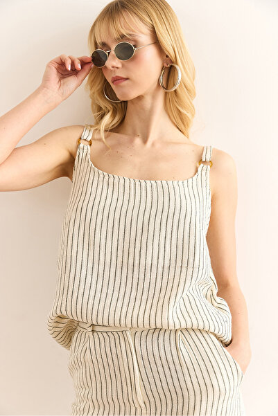 Olalook Women's Khaki Ring Accessory Striped Muslin Bell Blouse Blz-19002958