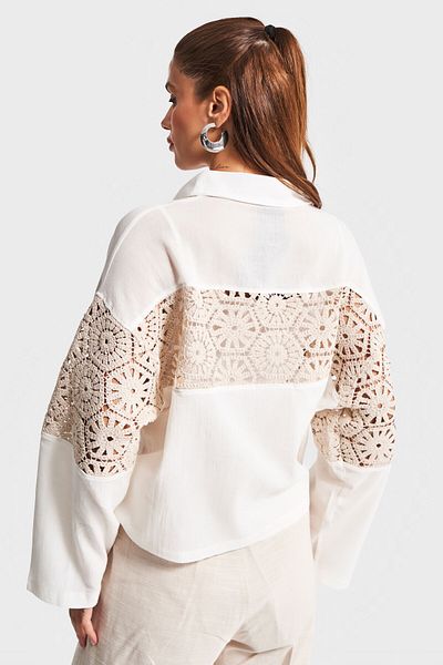 its basic Women's Beige Color Knitted Lace Detailed Oversize Design Linen Shirt