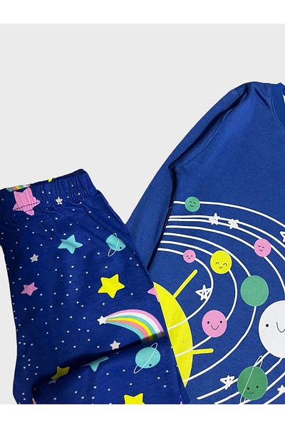 tusem butik homewear Girl's 100% Cotton Navy Blue Planet Star Patterned Long Sleeve Pajamas Set