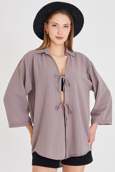 armonika Women's Gray Shirt Collar Front Lace-Up Kimono Shirt Arm-25K001006