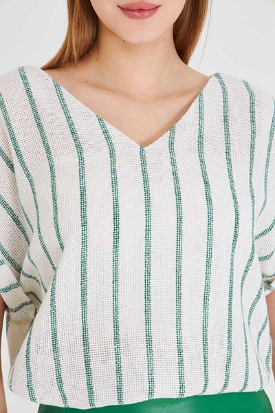 armonika Women's Dark Green V-Neck Oversize Blouse with Side Slits and Long Double Sleeve Detail at Back Arm-25Y001056