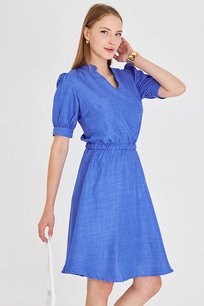 armonika Rochie evazată cu mânecă scurtă, albastră, cu decolteu în V, cu talie elastică ARM-25Y001001
