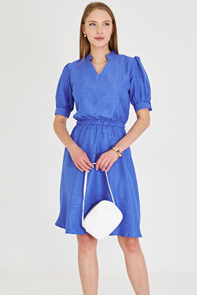 armonika Rochie evazată cu mânecă scurtă, albastră, cu decolteu în V, cu talie elastică ARM-25Y001001