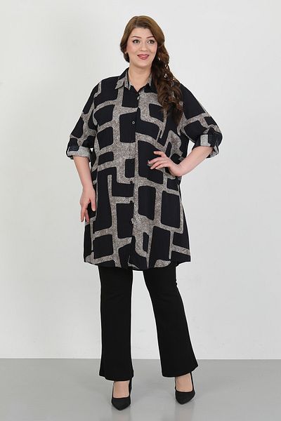 By Alba Collection Дамска туника от памук и вискоза с тъмносиньо и шарки, големи размери