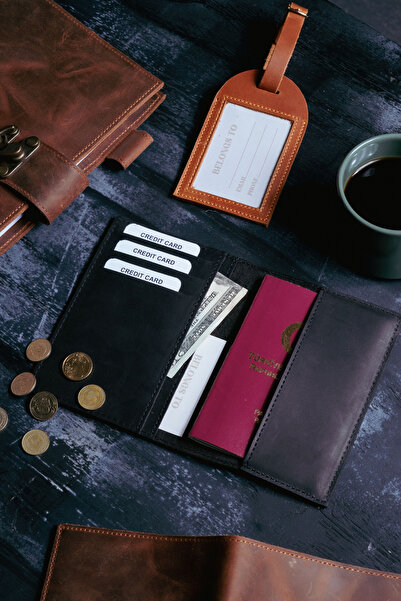 saraci leather craft محفظة جلدية أصلية لحامل جواز السفر وحامل البطاقة