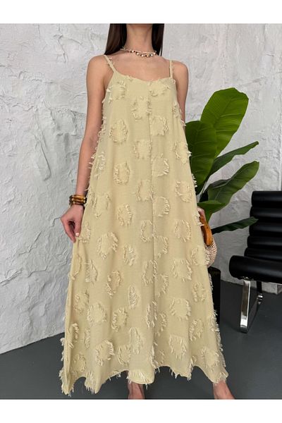 Elif Özbey Butik Rochie cu bretele cu ciucuri verde ulei