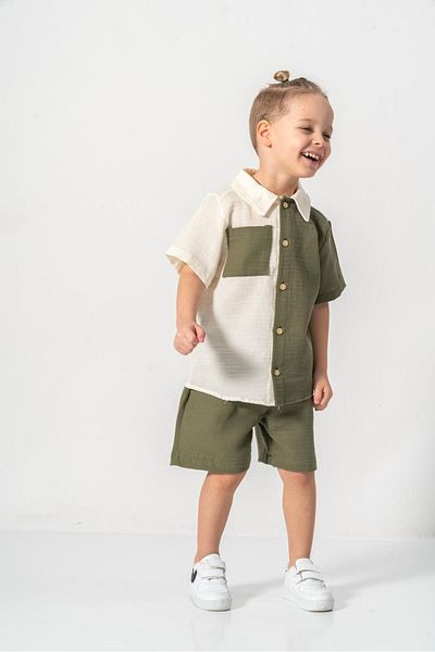 MeaShop Boy's Summer/Easter Muslin Fabric Shirt Shorts Set