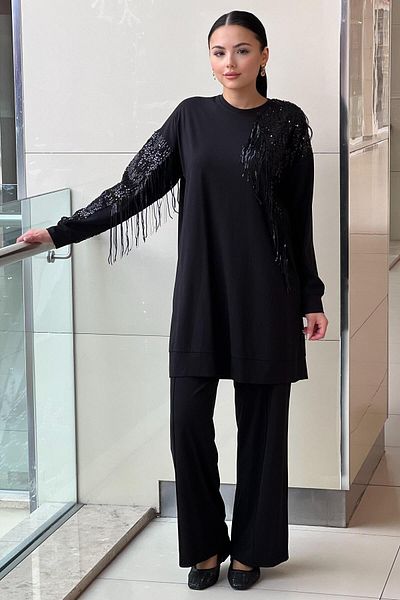 FUAT GÜRSEN Fuat Gürşen Sequin Sequined Embroidered Tunic Trousers Set