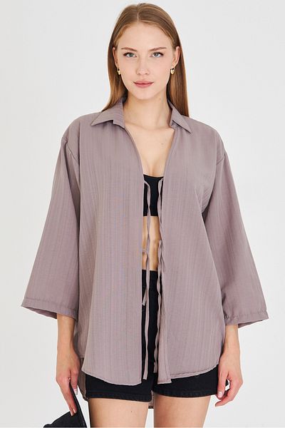 armonika Women's Gray Shirt Collar Front Lace-Up Kimono Shirt Arm-25K001006