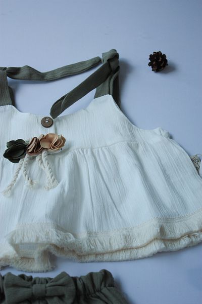 Pio Kids 100% Cotton Organic Krinkil Self-Stringed Brooch Shorts Elastic Long 2-Piece Baby Girl Set