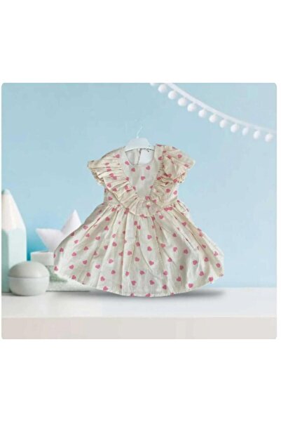 Fil Kids Kız Çocuk Krem Renk Elbise Pembe Kalp Desen Fermuarlı Bayram Ve Günd...