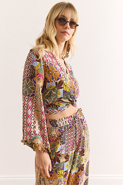 Olalook Women Multicolor Front Knotted Spanish Sleeve Viscose Blouse Blz-19002969