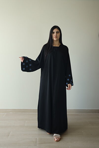 LINELLE عباية نسائية - تصميمات دائرية زرقاء على الأكمام عباية سوداء