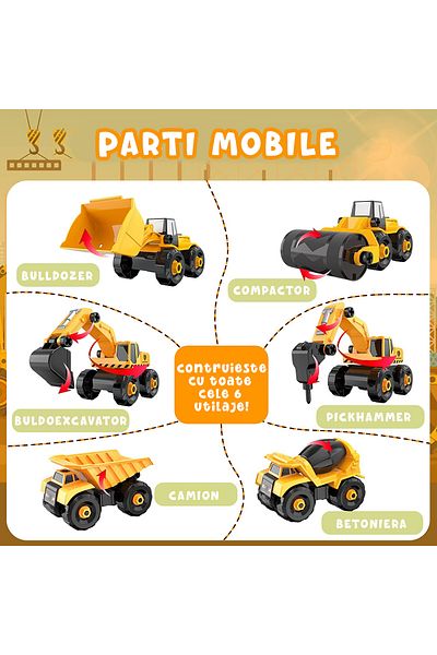Pitikot Set 6 Masini de Jucarie Pitikot®, Vehicule de Constructii, Demontabile,