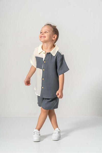 MeaShop Boy's Summer/Easter Muslin Fabric Shirt Shorts Set