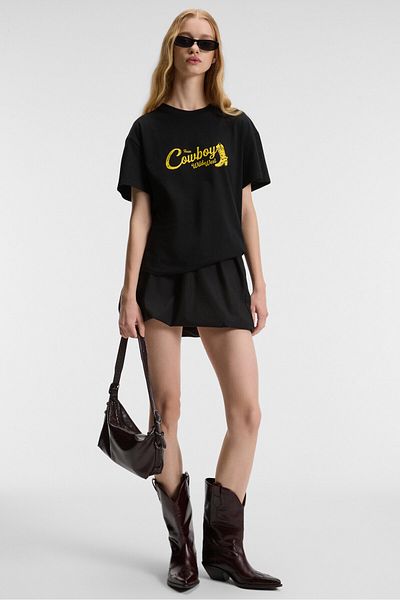 GRIMELANGE Rivela Women's 100% Cotton Regular Fit Printed Crew Neck Short Sleeve Black T-Shirt