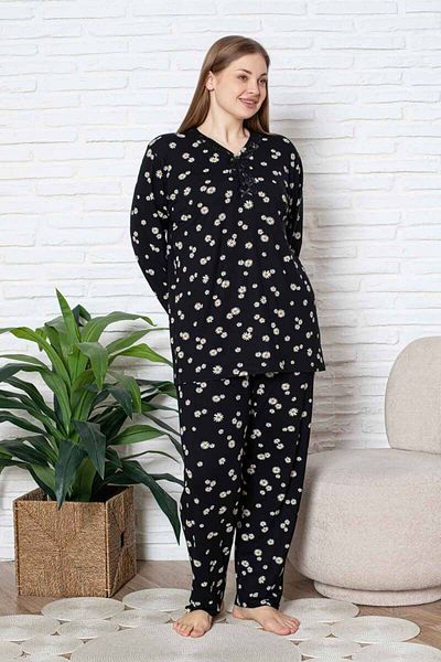 ALİMER Plus Size Pajama Set - Black Daisy Pattern Long Sleeve Lycra Viscose 2855Uyb