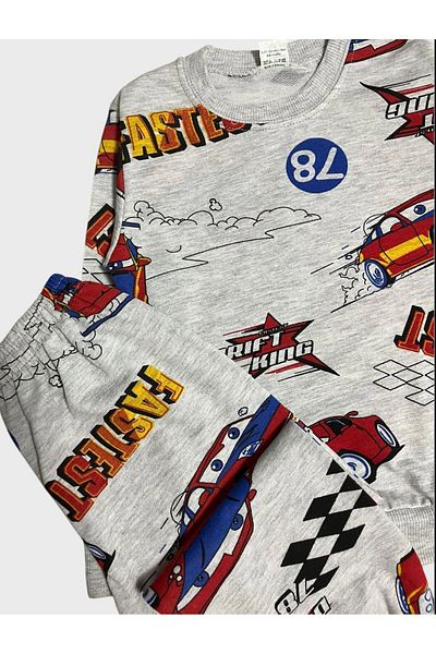 tusem butik homewear Boys' Cotton Gray Car Lightning Mcquen Patterned Long Sleeve Seasonal Pajama Set