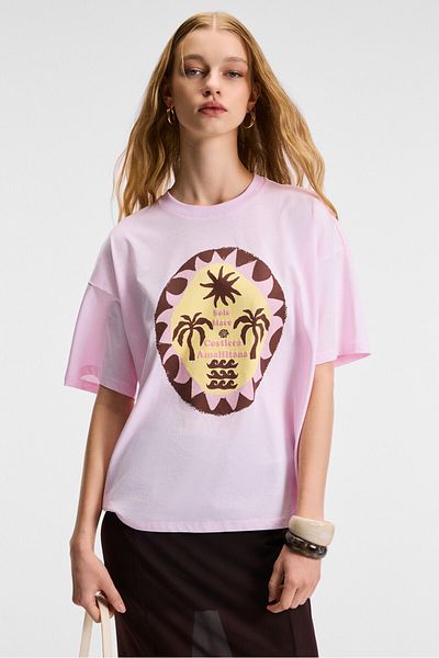 GRIMELANGE Veymira Women's 100% Cotton Crew Neck Short Sleeve Oversize Fit Pink T-Shirt