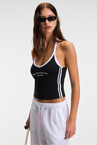 GRIMELANGE Luvina Women's Hanging Neck Zero Sleeve Print Detailed Ribbed Black Blouse