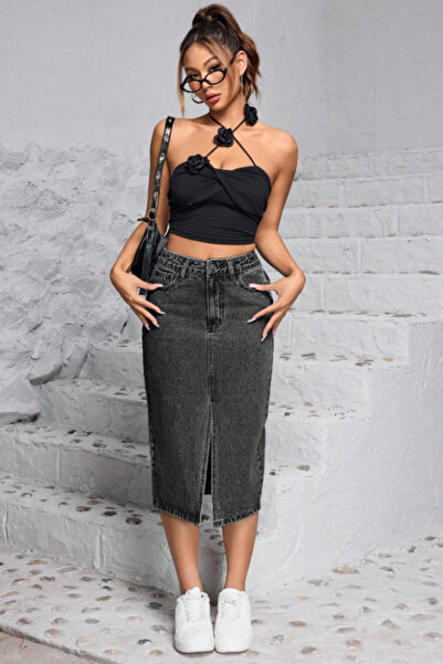 CEDY DENIM High Quality Midi Length Slit Stretchy Lycra Denim Skirt C624-Grey