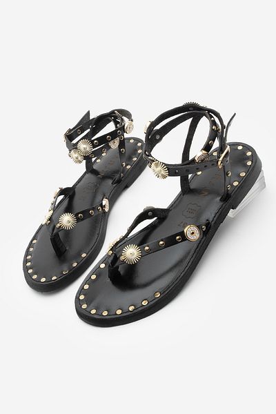 Marjin Women's Genuine Leather Ankle Strap Flip Flop Studded Daily Sandals Zoney Black