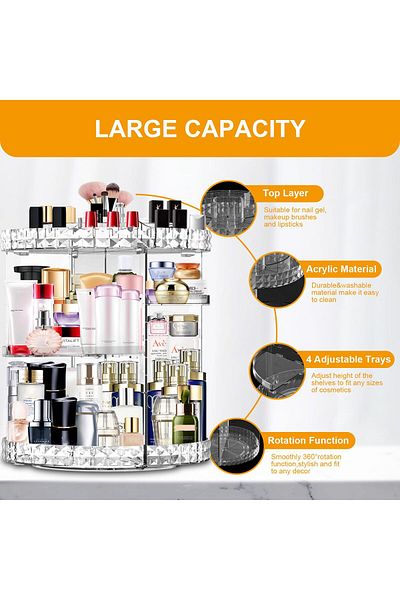 MISERWE Rotating Organizer For Cosmetics, Transparent, Adjustable Shelves, 34x23cm