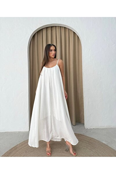 Genel Markalar Askı ayarlı iç astarlı Keten Uzun Elbise
