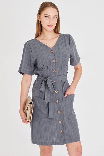 armonika Women's Gray Buttoned Belted Collar Detailed V-Neck Dress Arm-25Y001058