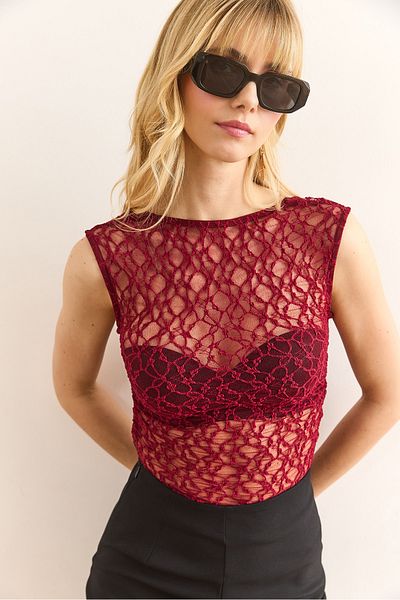 Olalook Women's Burgundy Backless Side Gathered Lace Blouse Blz-19002962