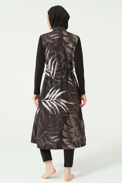 ALFASA Gold Yaprak Desenli Tam Kapalı Tesettür Mayo 25535-25 - Siyah