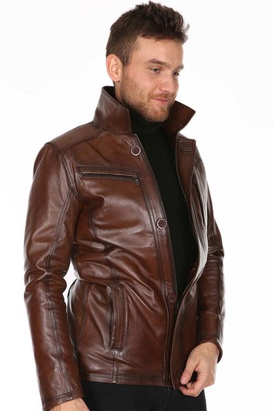 Derimont's Genuine Leather Brown Shirt Collar Men's Leather Coat