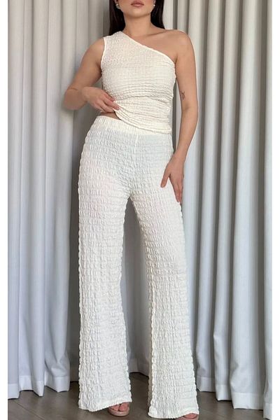 rose tml giyim Women's One Shoulder Seersucker Blouse Pants Set