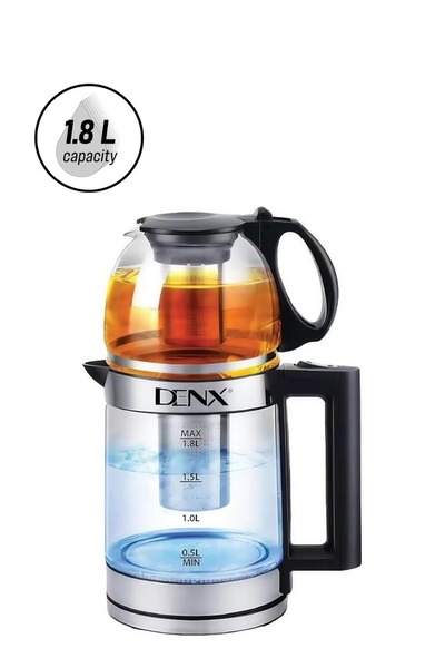 Denx Double-boiled electric kettle with removable tea filter; kettle capacity 1.8 liters and teapot capacity 1.0 liters.