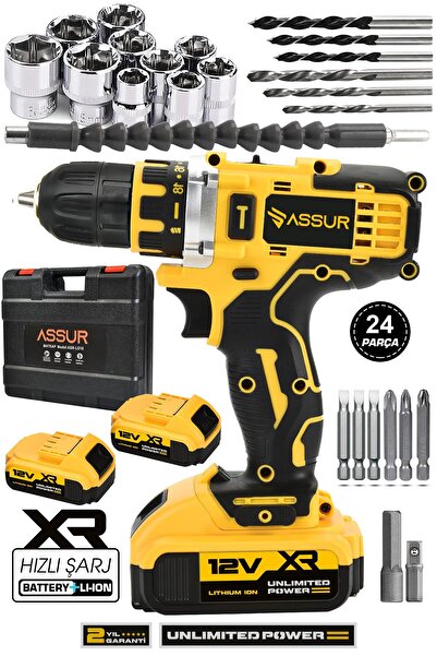 ASSUR 12v Metal Şanzıman Çift Akülü Şarjlı Matkap Akülü Vidalama