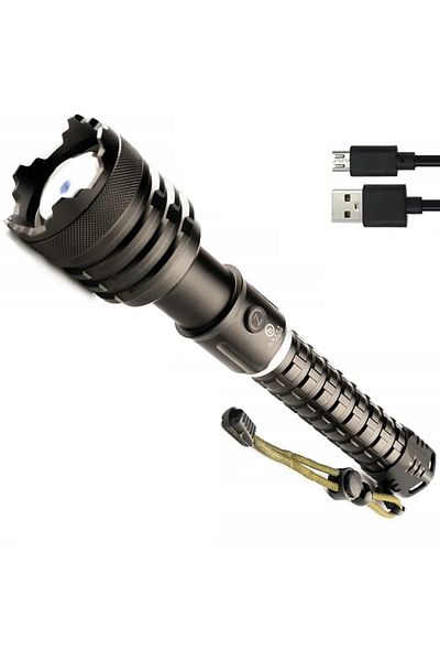 OEM Military tactical flashlight with powerbank, 5 lighting modes, Zoom function, 29 cm, black