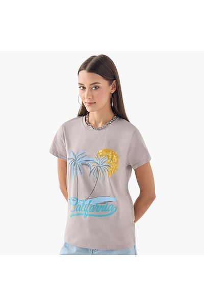FAV Embellished Crew Neck T-shirt with Short Sleeves