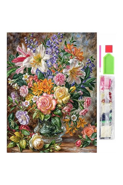 OEM Set de broderie cu diamante 5D, model Floral, 30x40 cm, accesorii incluse, multicolor