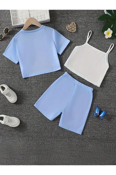 npLStore Girl's Blue Butterfly Printed Crop T-Shirt - Shorts Set