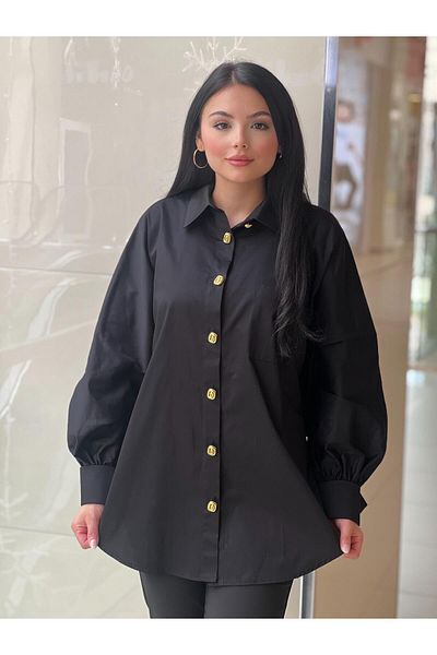 Ghisa Gold Button Cuff Bat Sleeve Cotton Shirt