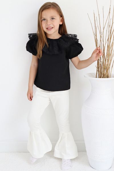 Parla Kids Girl's Cream Flared Leg High Waist Elastic Leggings Trousers