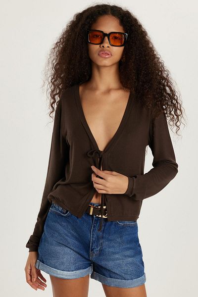 Tudors Women's Slim Fit Slim Fit Tie-Up Long Sleeve V-Neck Brown Cardigan