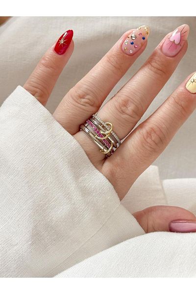CHARMLUCKY Steel Pink Stone 4-Piece Ring