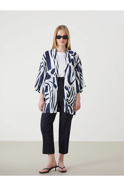 LC Waikiki Lcw Vision Navy Blue Shawl Collar Patterned Linen Look Women's Kimono