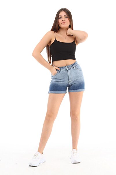 CEDY DENIM Kadın Yüksek Bel Duble Paça Kot Şort Klasik Mini Jean Şort C604