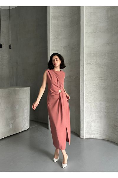 Moda Palmiss Women's Dusty Rose Stone Detailed Slit Stylish Midi Linda Dress